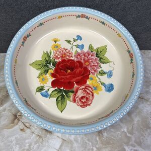 Pioneer Woman Sweet Rose 9.4” Light Blue Pie Plate Floral Stoneware Embossed